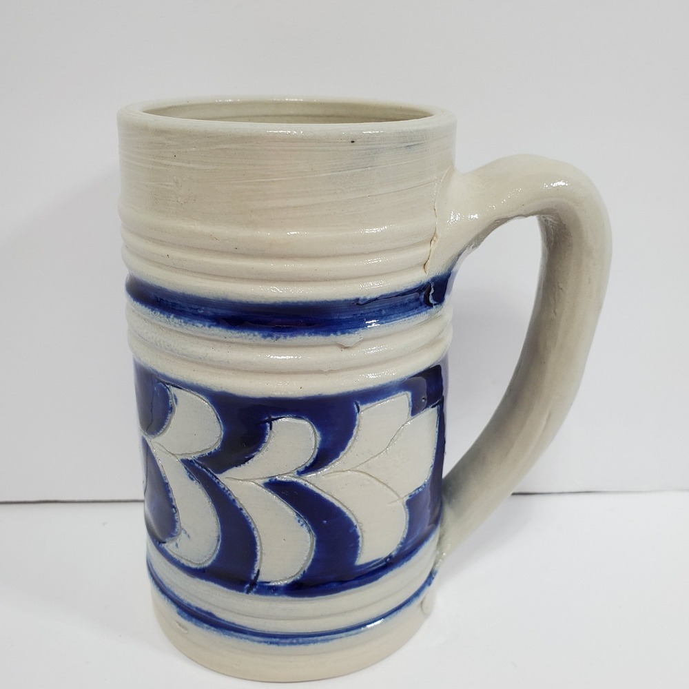 Vintage Williamsburg Souvenir Beer Stein Mug‎ Cream Blue Salt Glazed Leaf 5 in